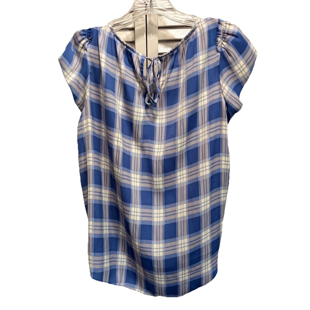 LC Lauren Conrad Blue/Gray Plaid Short Flutter Sleeves Keyhole Size XS Soft - Picture 4 of 6